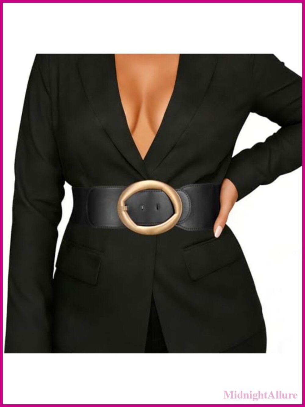Wide Elastic Stretch Belt Faux Leather Oval Gold Buckle Dress Cinch Belt
